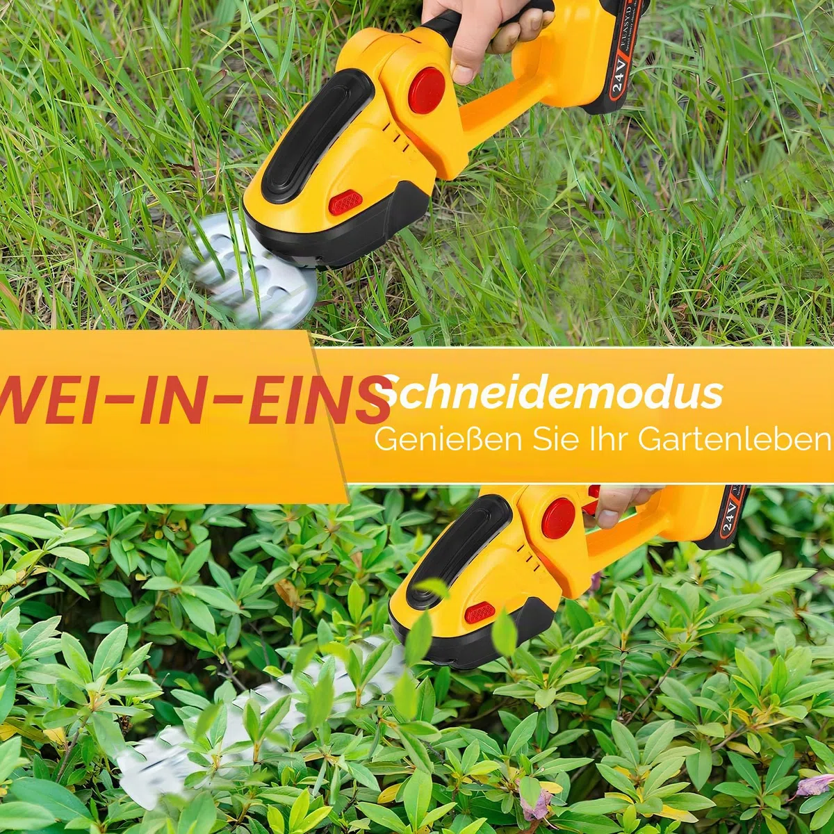 Akku Gras und Strauchschere 24V Rasenschere, Elektrische Heckenschere Rasentrimmer für Gartenarbeit mit verschiedenen Messer Aufsätzen, 30 cm Schere, 10 cm Grasmesser, Zwei 1500mAh Akkus und Ladegerät