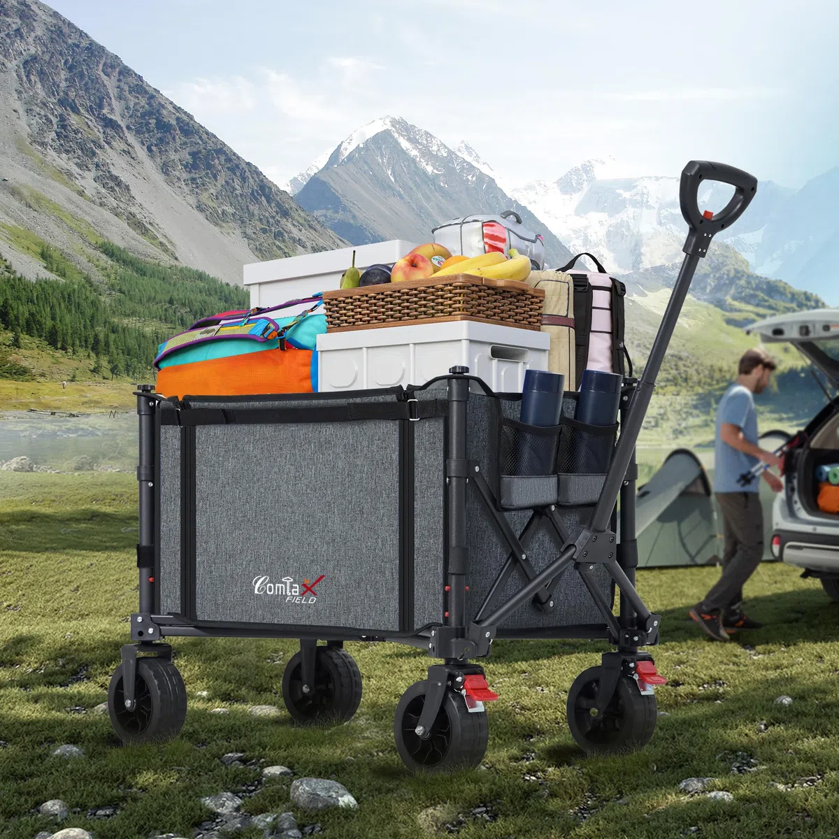 COMLAX FIELD Bollerwagen Faltbar mit Große All Terrain Räder, 120L 100KG Klappbarer Bollerwagen mit Bremsen, Strandwagen Für Strand Garten Camping Shopping, Grau