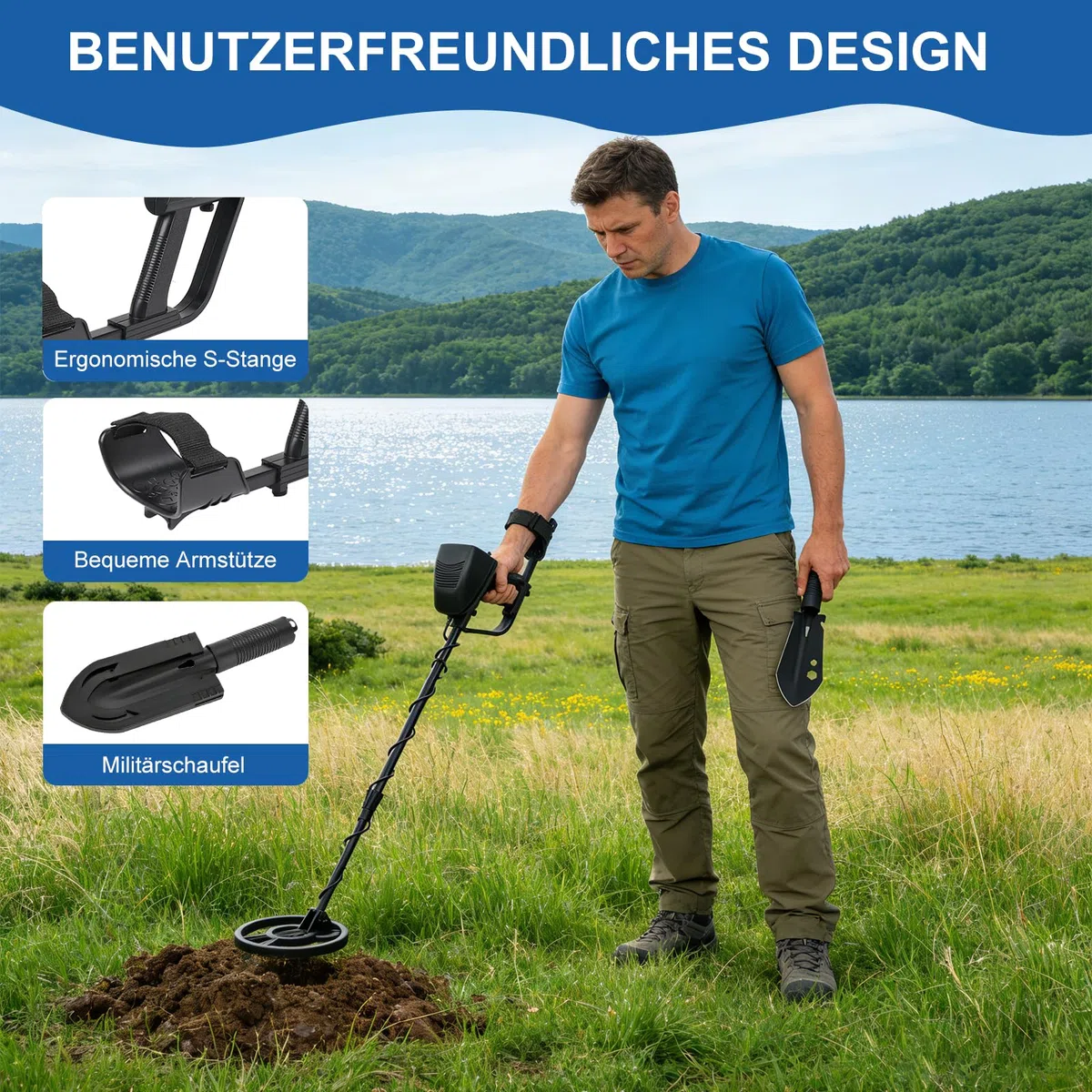 Metalldetektor, Metalldetektor Profi für Erwachsene Anfänger und Kinder - Leichter Hochpräziser Metalldetektoren mit Schaufel, Batterie & Wasserdichter Suchspule verstellbarem Länge (78–107 cm)