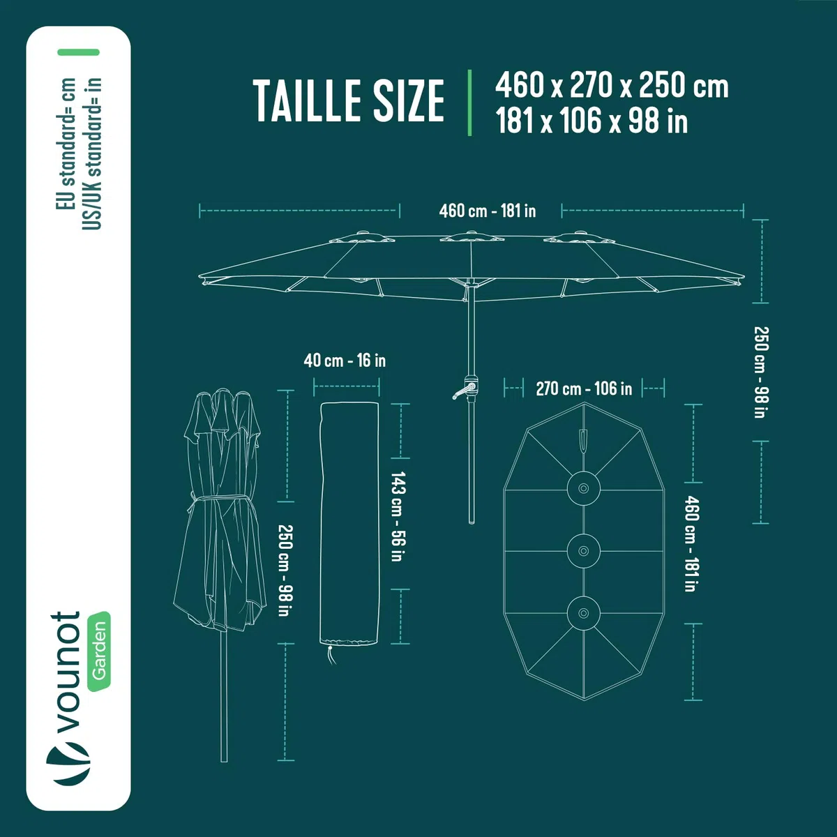 VOUNOT Doppelsonnenschirm mit Handkurbel, Sonnenschirm Marktschirm Gartenschirm Terrassenschirm, Sonnenschutz, 460 x 270 cm, Grau