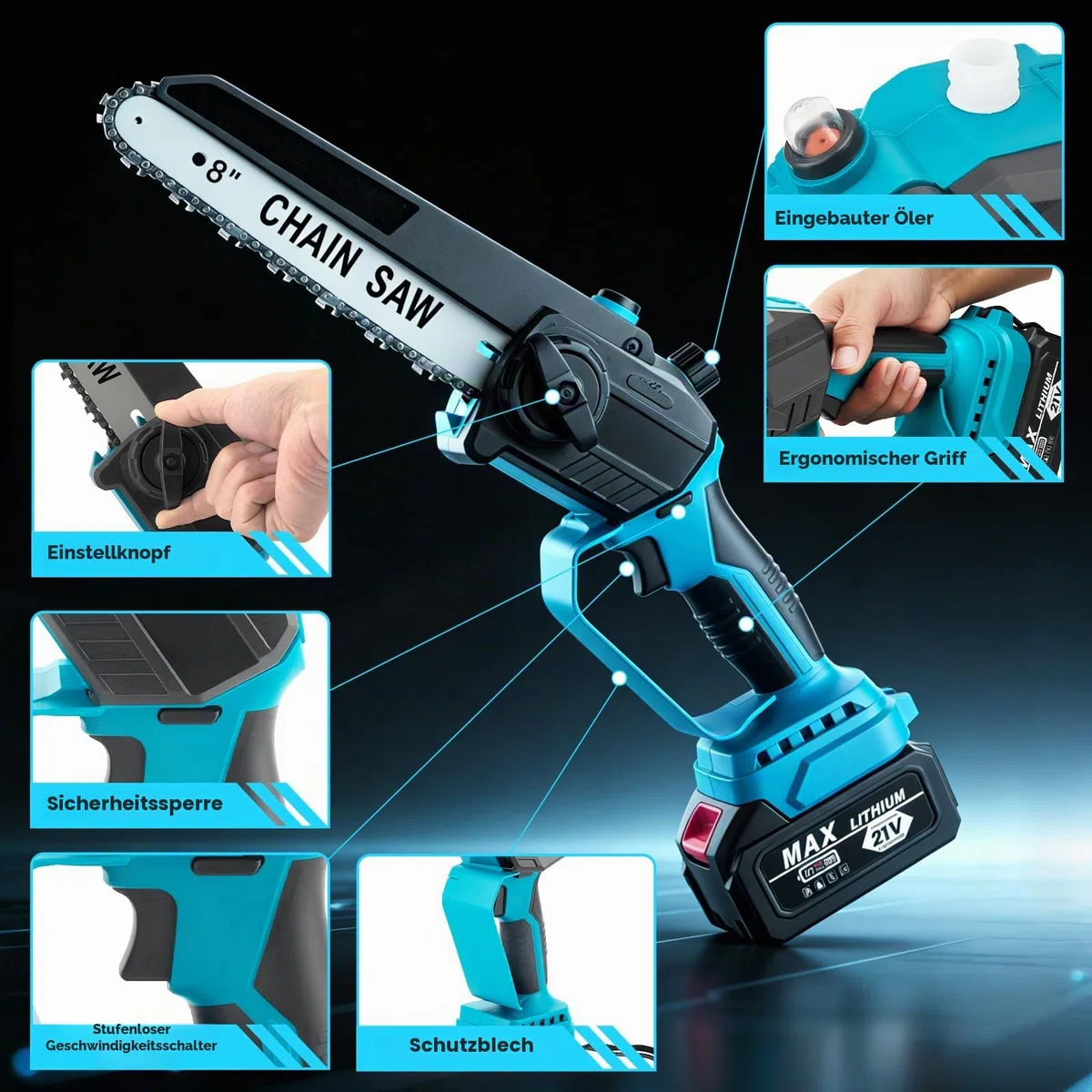 2-in-1 Akku-Kettensäge mit Teleskopstange, 8 Zoll (20 cm) Mini-Kettensäge, Teleskop Elektrische Astsäge, Kabellos & Bürstenlos, Maximale Arbeitshöhe 4,5 m für Baum und Astschnitt
