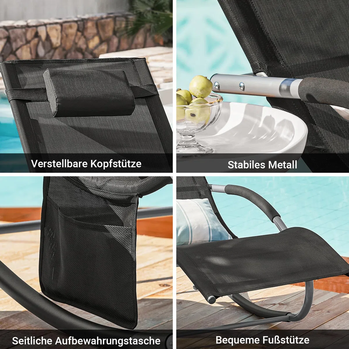 SoBuy 2er-Set Gartenliegen mit Kopfkissen 150x87x63cm Belastbar bis 150kg | 2er-Set Sonnenliegen mit Seitentasche, Stabilem Metallgestell, Outdoor Liegestuhl Atmungsaktivem Bezug, Schwarz OGS28-SCHx2