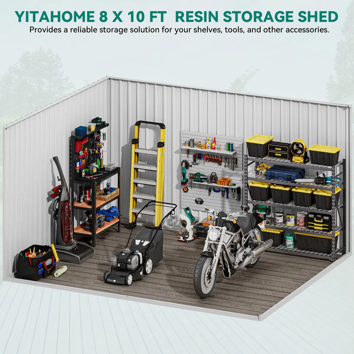YITAHOME Stahl Gartengerätehaus 10x8FT Robustes Metall Gartenhaus, Wasserdichtes Gerätehaus & Fahrradschuppen mit Doppeltüren & 4 Lüftungen zur Aufbewahrung, 279x224.5x193.5cm,Braun-Schwarz