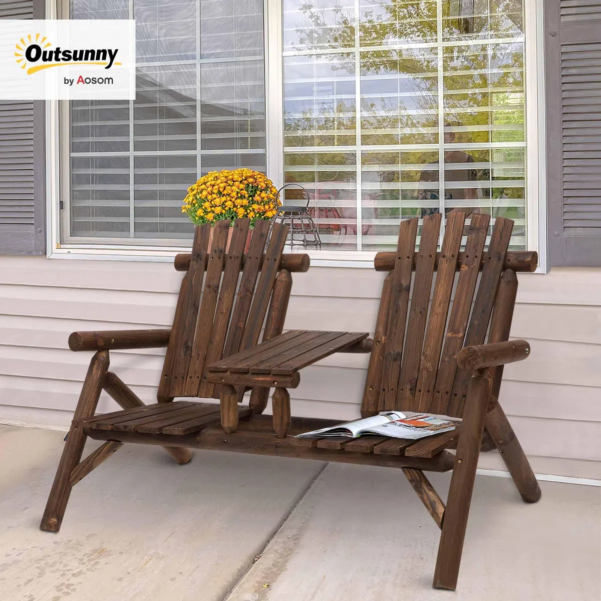 Outsunny Gartenbank mit Tisch Gartenmöbel 2 Stühle Braun 157 x 88 x 103 cm | Sitzbank, Massivholz