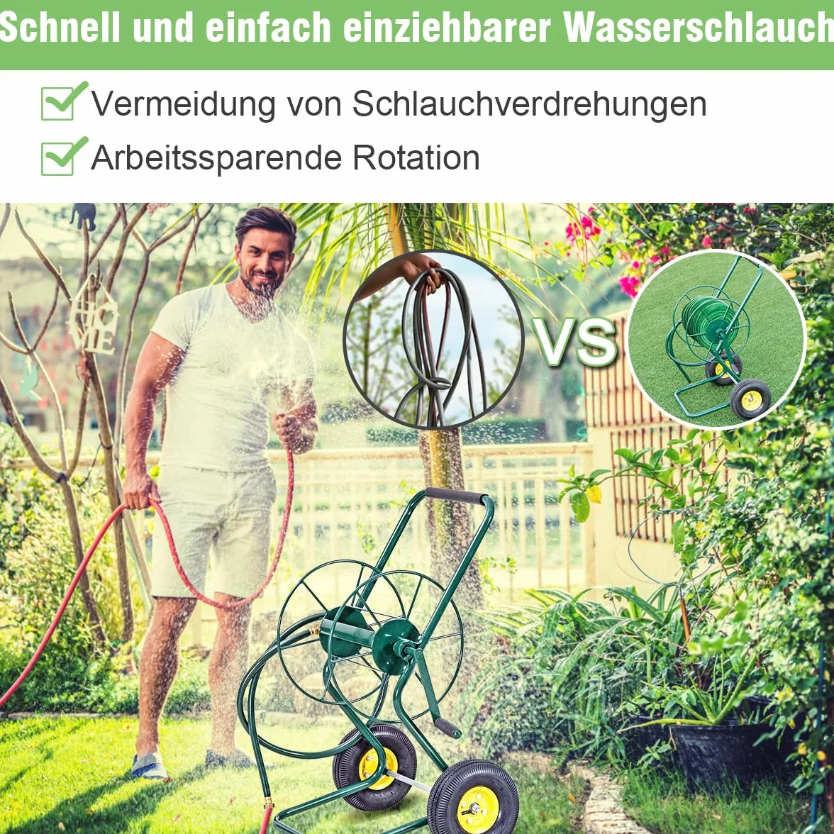 GOPLUS Schlauchwagen Metall, Gartenschlauchwagen für 3/4" Schlauch bis 61m, Schlauchtrommel mit Gummirädern & 188 cm Einlassschlauch, Schlauchaufroller Garten, 71 x 53 x 96,5cm, Grün