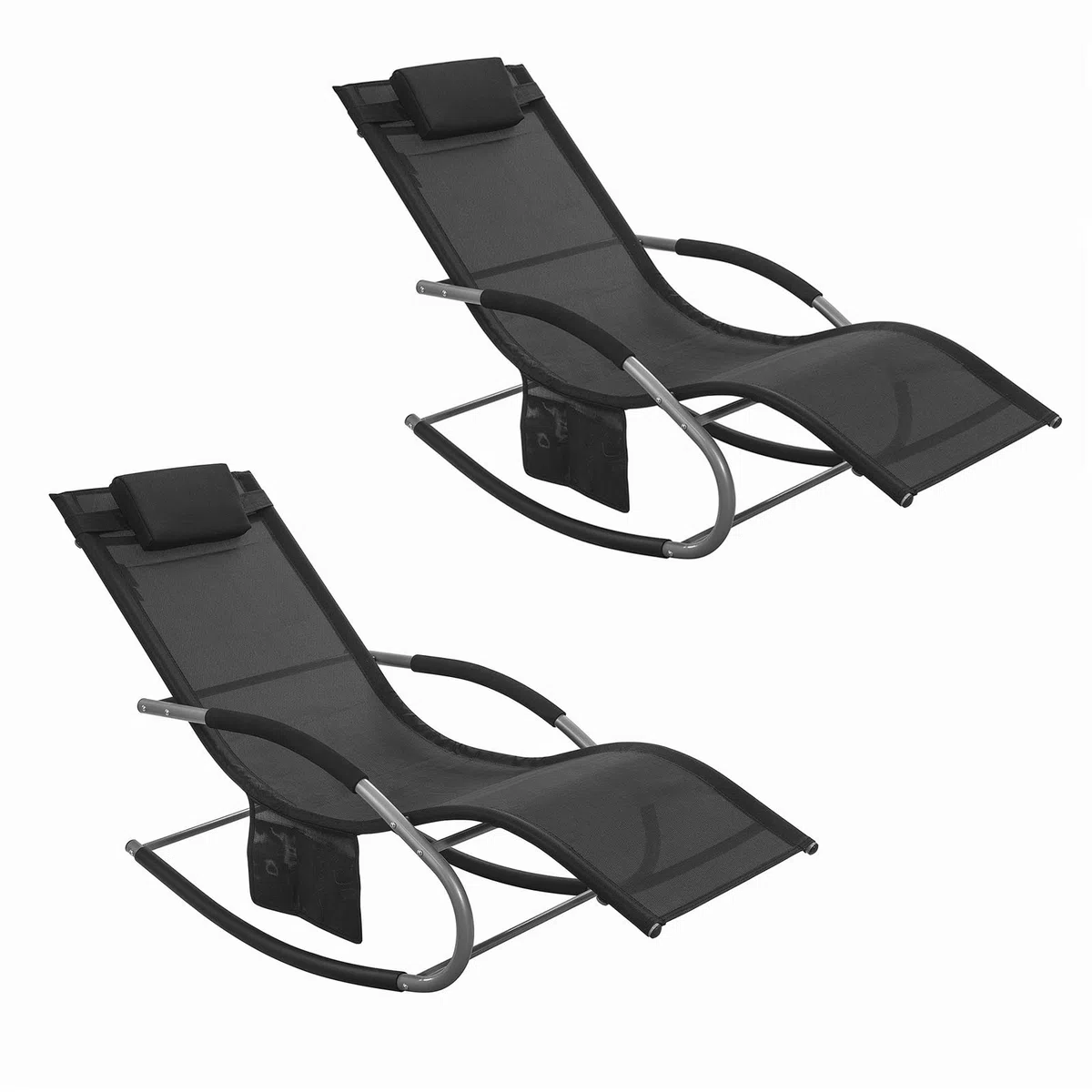 SoBuy 2er-Set Gartenliegen mit Kopfkissen 150x87x63cm Belastbar bis 150kg | 2er-Set Sonnenliegen mit Seitentasche, Stabilem Metallgestell, Outdoor Liegestuhl Atmungsaktivem Bezug, Schwarz OGS28-SCHx2