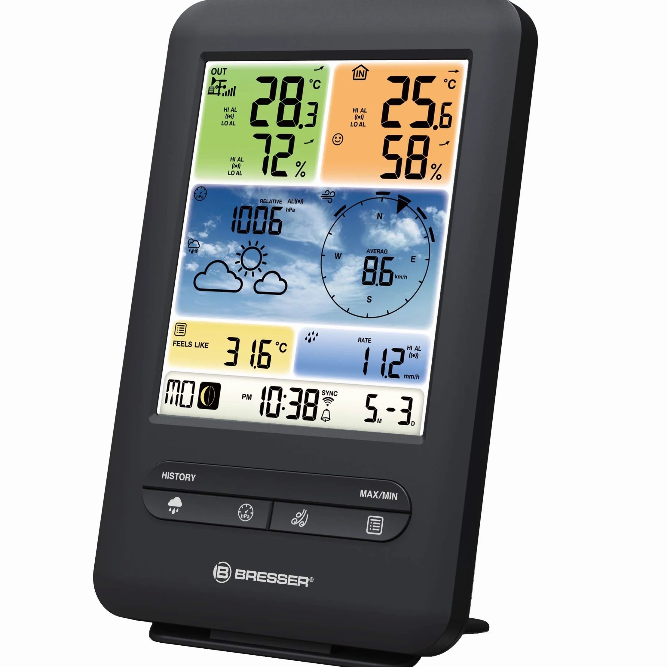 Bresser Wetterstation Funk mit Außensensor WLAN Farb-Wetter Center 5-in-1 mit Außensensor für Temperatur, Luftfeuchtigkeit, Luftdruck, Windmesser und Regenmesser, Schwarz | Innentemperatur und Außentemperatur, Luftfeuchtigkeit, Regenmesser, Windmesser, We