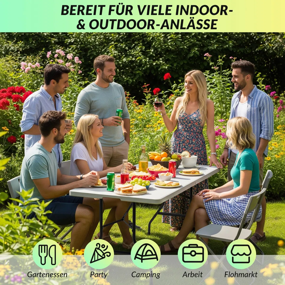Velway Gartentisch Klappbar 180x74cm Buffettisch - Schneller Einsatz Klapptisch Stabil für 6-8 Personen Wetterfest Campingtisch Partytisch Flohmarkttisch mit Tragegriff für Garten Terrasse Balkon Weiß