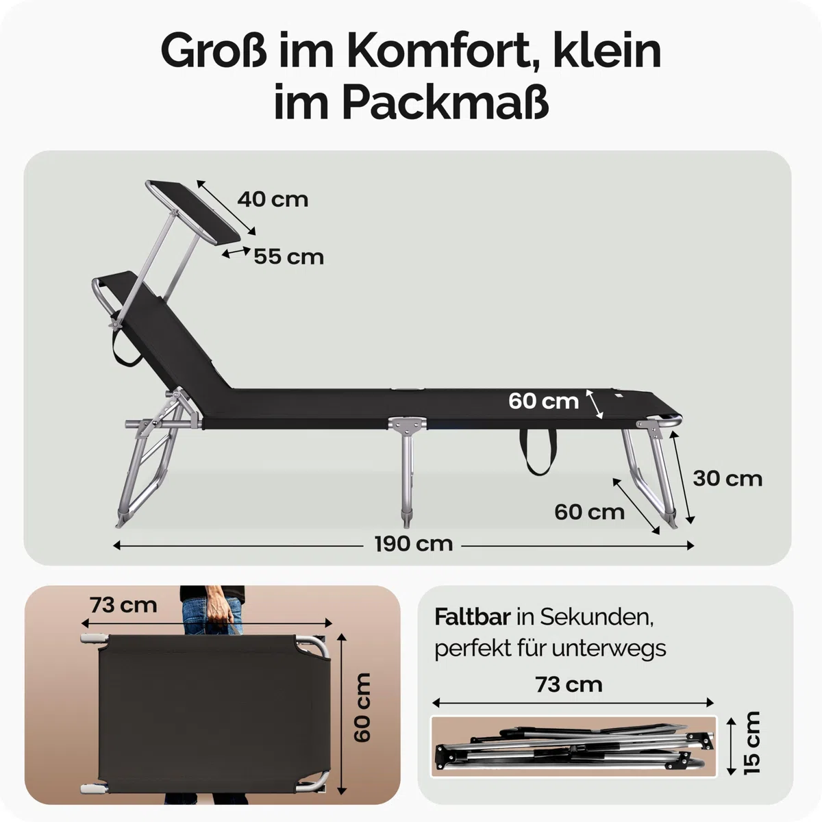 Casaria Sonnenliege klappbar mit Sonnendach wetterfest Grau | Aluminium, 190x60 cm, 130 kg Belastbar, tragbar, Garten, Pool, belastbar, Liegestuhl, Klappliege