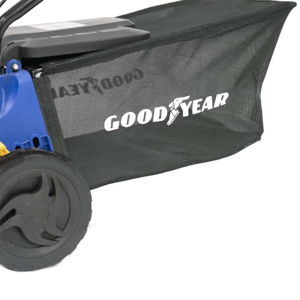 Goodyear – 1800 W elektrischer Rasenmäher. Motor 3200 U/min 210–230 V. Kabelgebundener Rasenmäher mit 40 cm Schnittbreite. 71x48x29cm. Fangsack 35 Liter