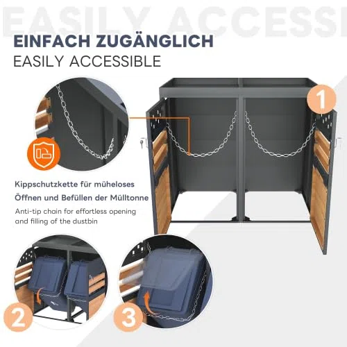 Merax Mülltonnenbox 4er Set mit Pflanzdach, für 120-240 Liter, Anthrazit Tür in Holzoptik, Erweiterbar, Garten Aufbewahrungsbox für Mülltonnen