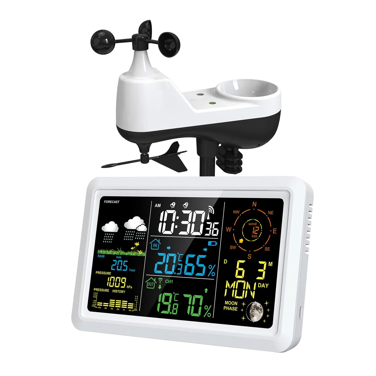 Wetterstation mit Außensensor Innen-/Außenthermometer mit 7,5-Zoll-VA-LCD-Bildschirm Wettervorhersage Temperatur Luftfeuchtigkeit Luftdruck Windgeschwindigkeit und -richtung Mondphase