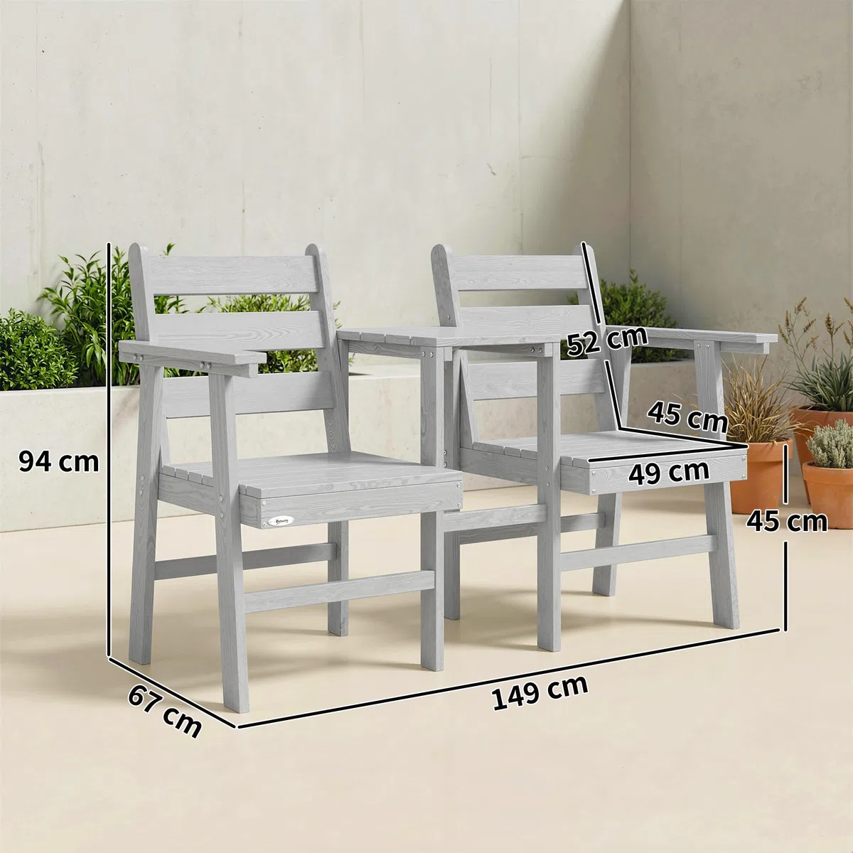 Outsunny Garden Loveseat Jack and Jill Gartensitz Einbautisch Grau | 2-Sitzer, geprägter Holzsitz, Terrasse, Veranda, Balkon