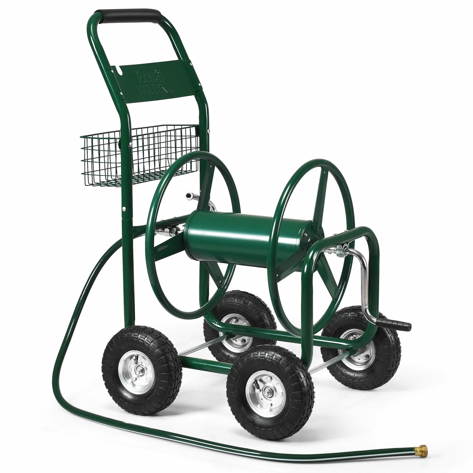GOPLUS Schlauchwagen, Gartenschlauchwagen für 5/8" Schlauch bis 80m, Schlauchtrommel mit Korb & Gummireifen, Schlauchaufroller, aus Metall, grün, 95 x 62 x 113cm