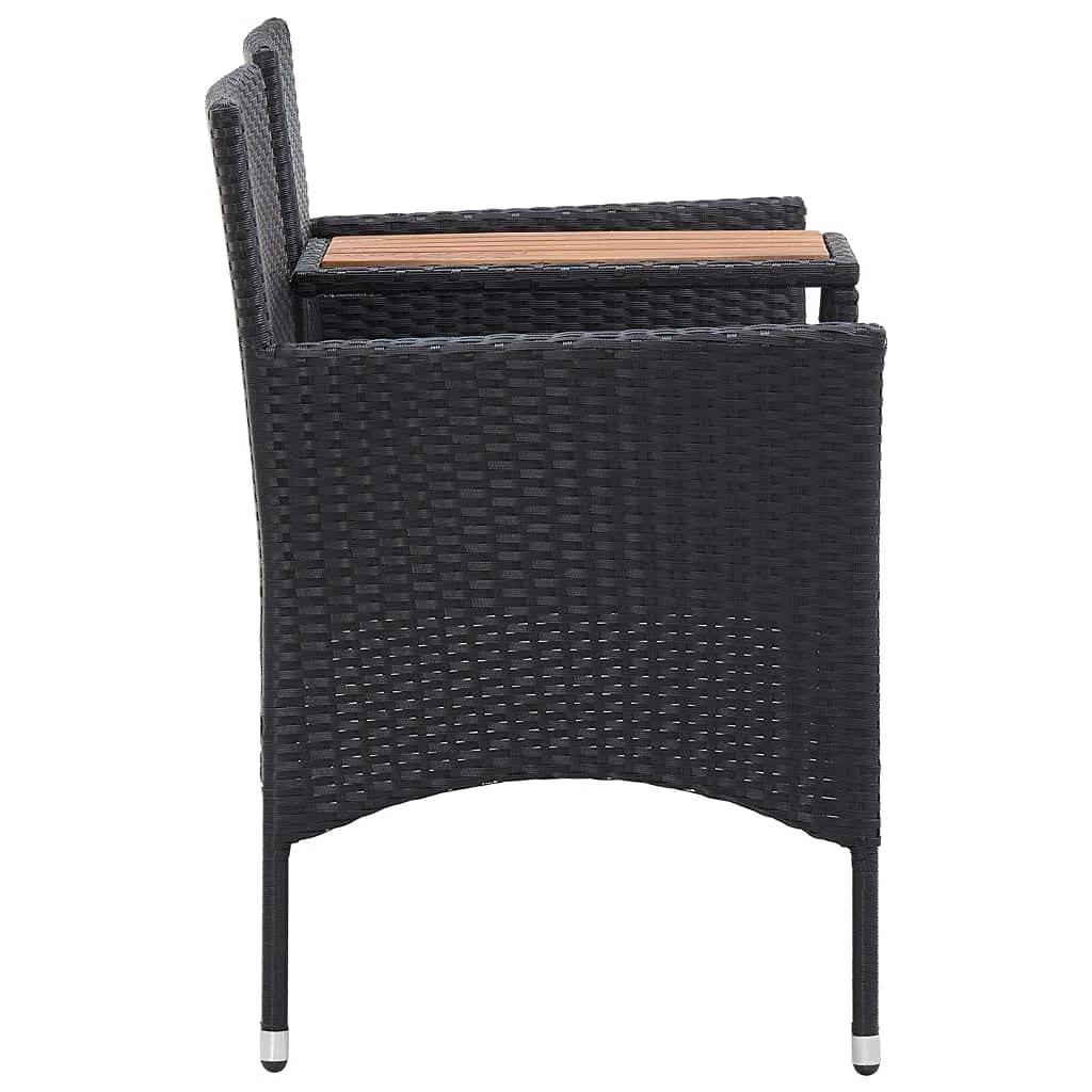2-Sitzer Gartenbank mit Teetisch 143 cm Poly Rattan Schwarz Sitzbank mit integriertem Tisch und Sitzkissen für Balkon Terrasse Garten Lounge-Bank Zweisitzer Akazienholz