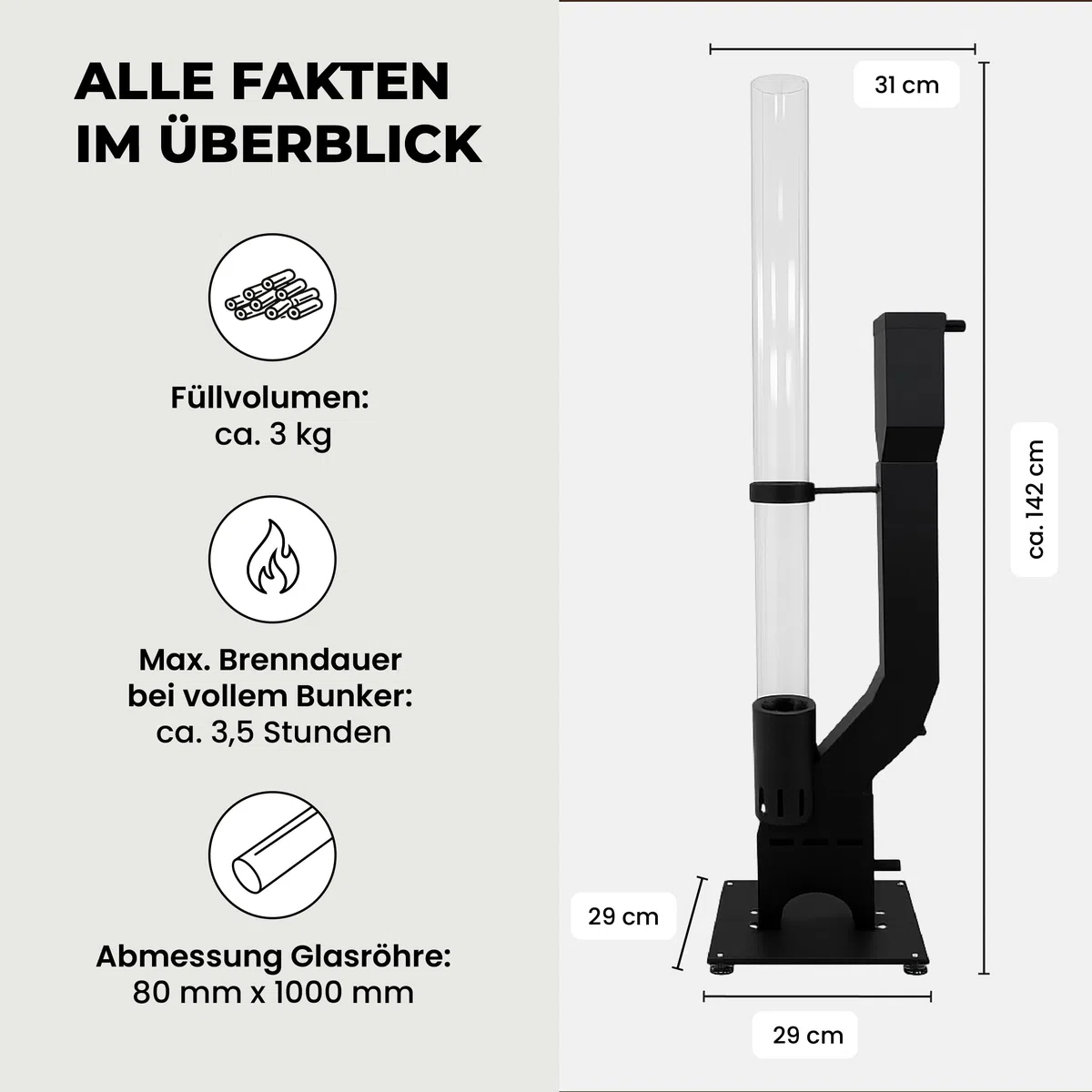 Lemodo Pelletfackel Prime XL, Feuersäule Outdoor mit Glasröhre, für Garten & Terrasse, für Holzpellets, stimmungsvolle Flamme, stilvoller Blickfang für gemütliche Abende (Prime XL)