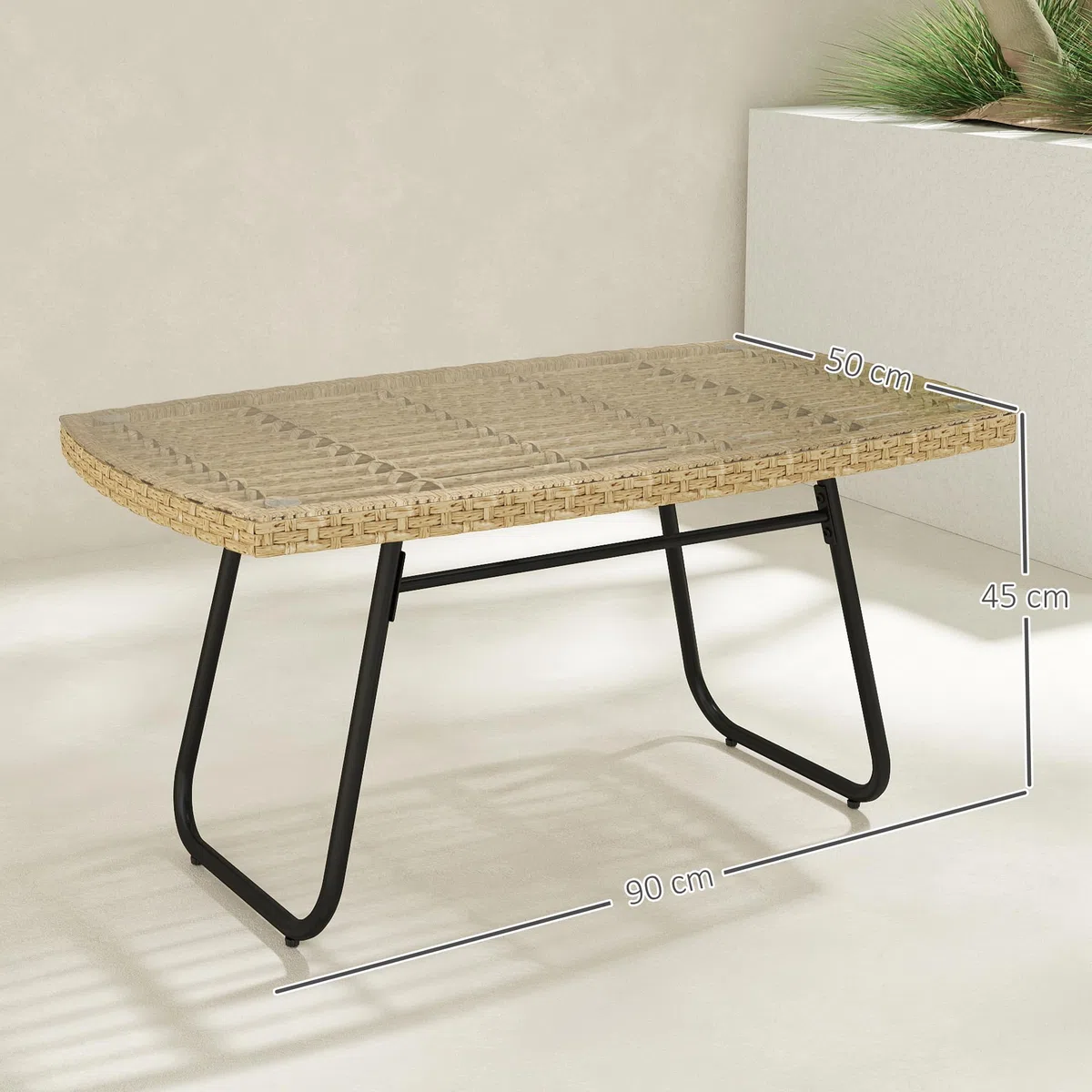 Outsunny Polyrattan Gartentisch 90 x 50 x 45 cm UV-beständig Naturholz | Beistelltisch mit Glasplatte, Rechteckiger Terrassentisch, Balkontisch für Garten, Terrasse, Balkon