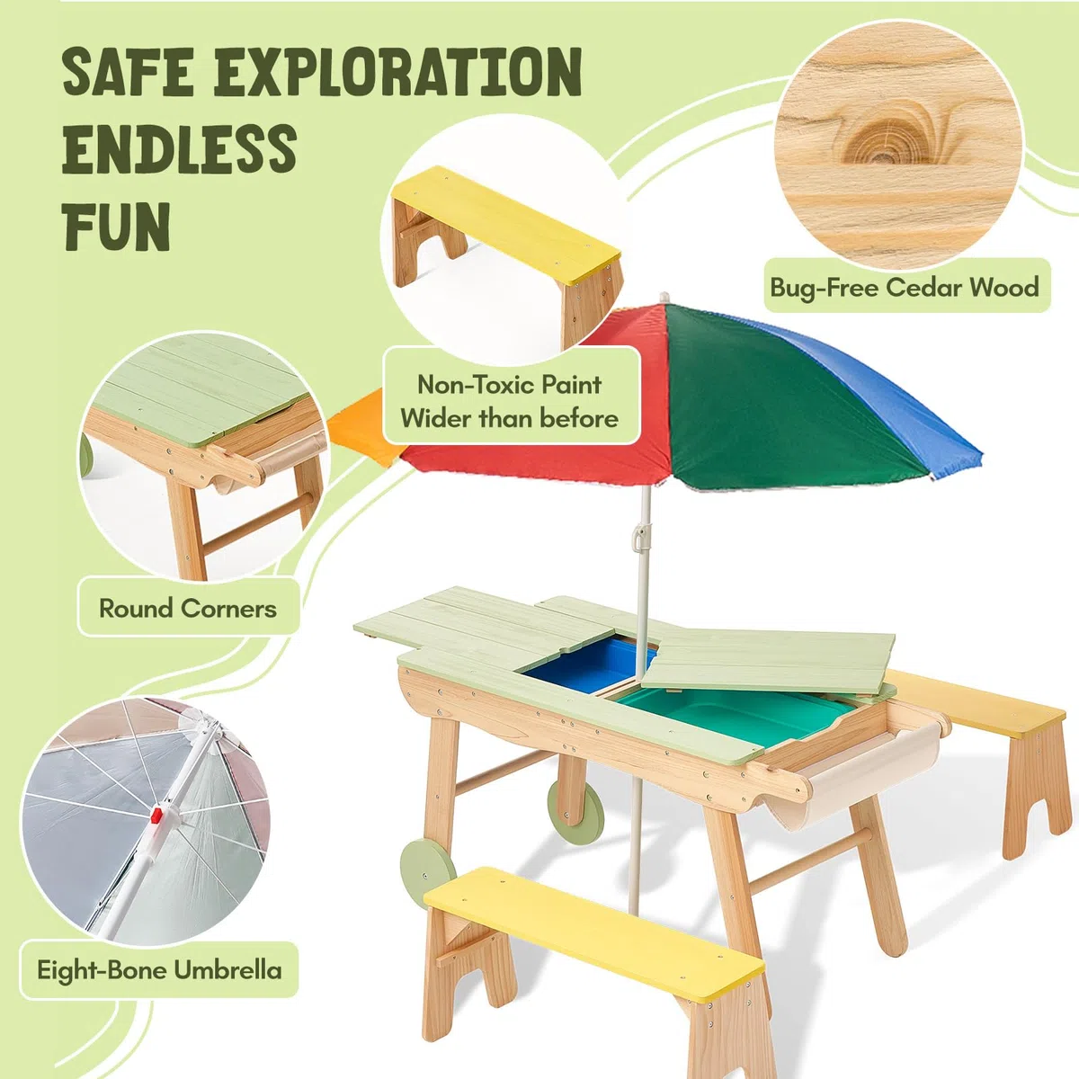Giant bean Kinderspiel Tisch aus Holz mit Sand- und Wasserspielfunktion inkl. Sonnenschirm – Für Kinder im Garten, Terrasse oder Innenbereich