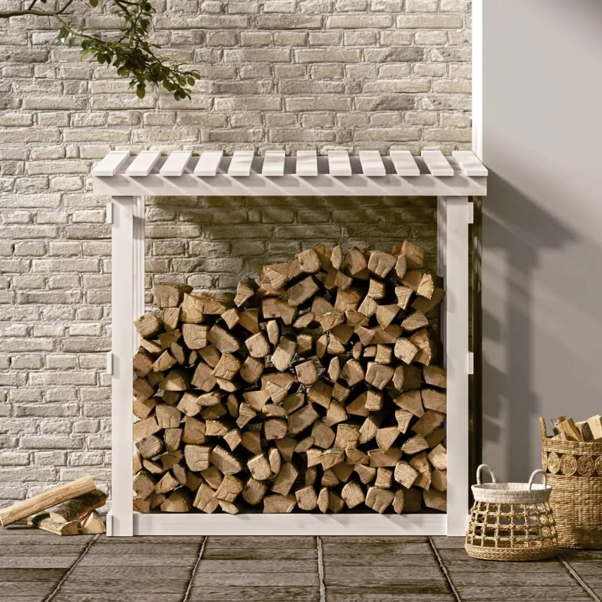 ATOMSTACK MAKER Kaminholzregal aus massivem Kiefernholz, rustikal-weiß, 108 x 64,5 x 109 cm – Brennholzlager mit Luftzirkulation für trockenes Holz, ideal für Kamin, Ofen & Wohnzimmer