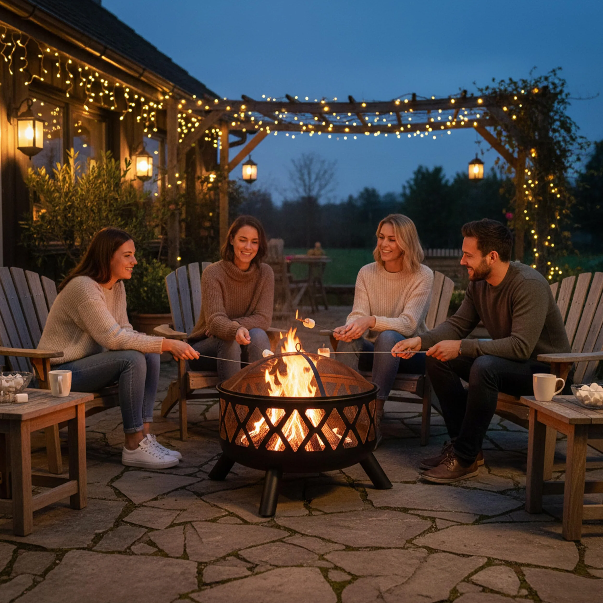 Relaxdays Feuerschale mit Funkenschutz, Ø 62 cm, mit Schürhaken, Garten, Terrasse, Outdoor Feuerstelle, Stahl, schwarz