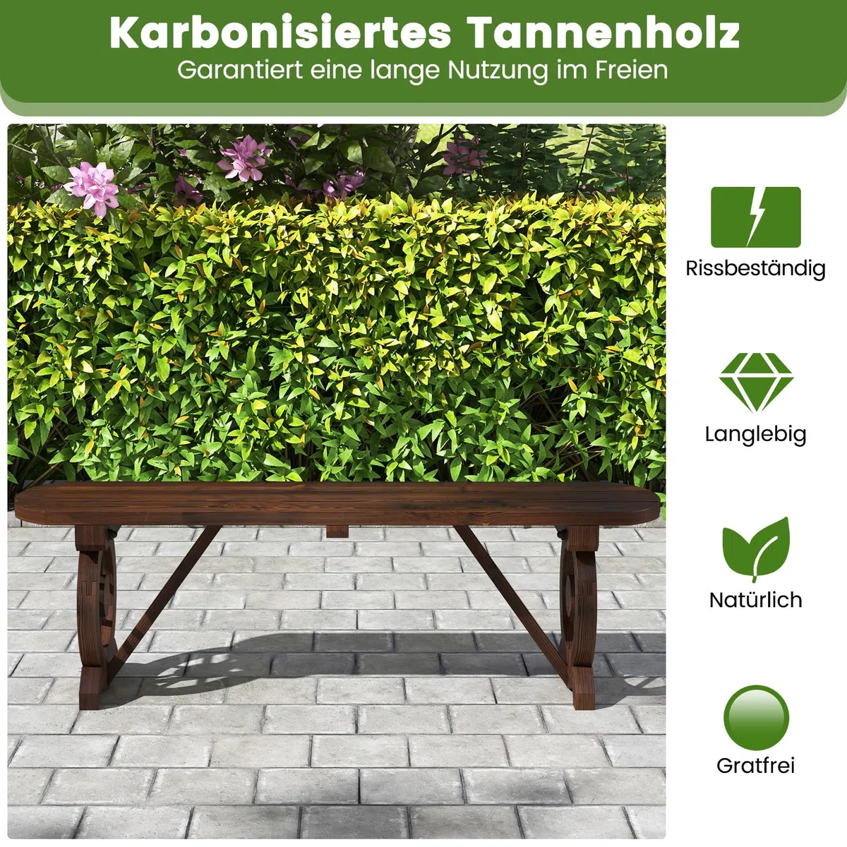 COSTWAY Gartenbank ohne Rückenlehne, wetterfeste Sitzbank, Holzbank für 2-3 Sitzer bis 325 kg belastbar, Terrassenbank aus Holz, Parkbank im Wagenrad-Design für Garten, Balkon, 113 x 28 x 37 cm
