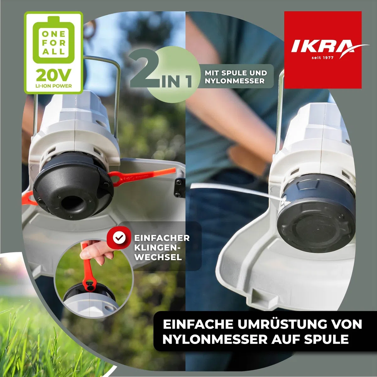 IKRA 2in1 Akku Rasentrimmer IART 2025 inkl. Fadenspule & 20 Nylonmesser | Inkl. Akku 20V 2,0Ah & Ladegerät, 2 Schneidsysteme, Teleskop-Höhenverstellung, 1,9kg leicht, 20 Volt Akku-Familie von IKRA