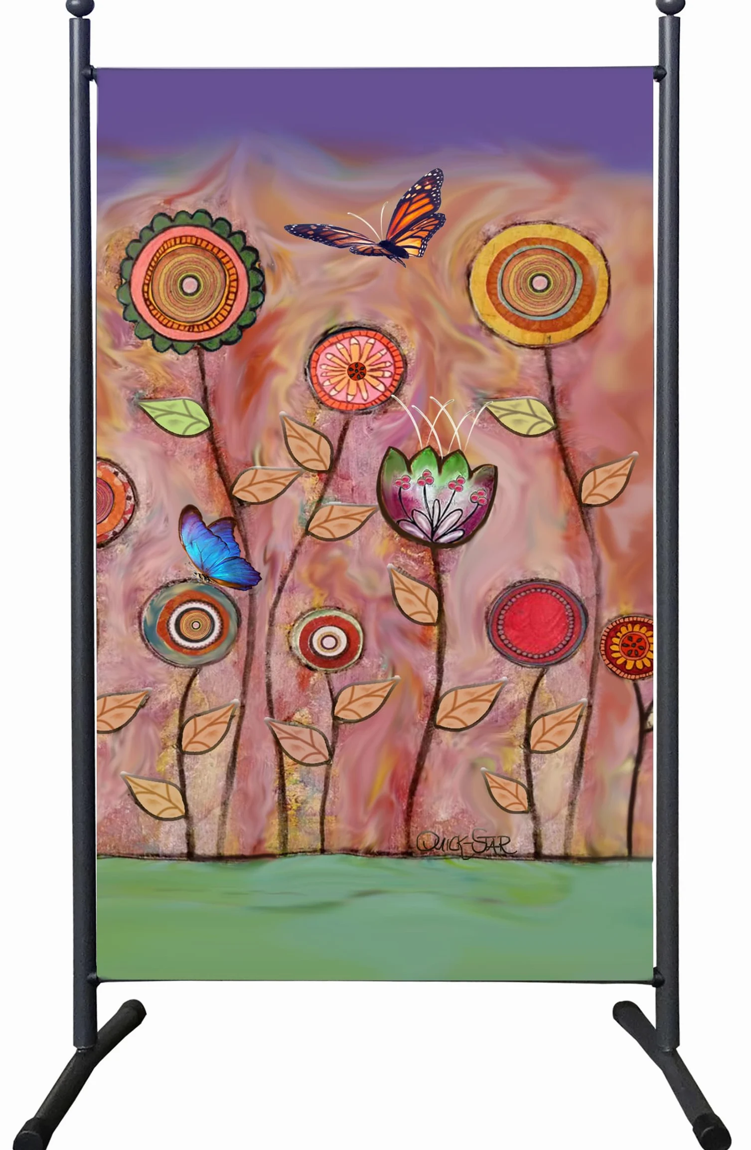 QUICK STAR Paravent Outdoor Wetterfest 180 x 78 cm Retro Flowers | Raumteiler Stellwand Innen | Garten & Balkon Sichtschutz Blickdicht