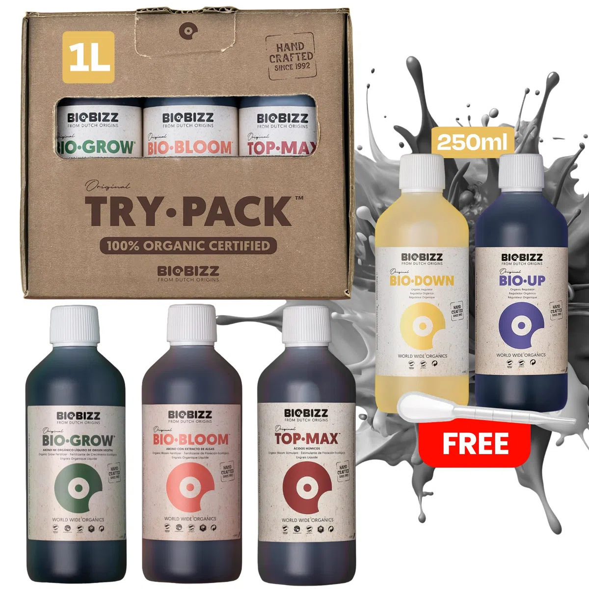 Biobizz XXL Trypack Indoor Set mit Bio Bloom, Bio Grow und Top Max je 1L und Bio Up, Bio Down je 250ml inklusive Messpipette