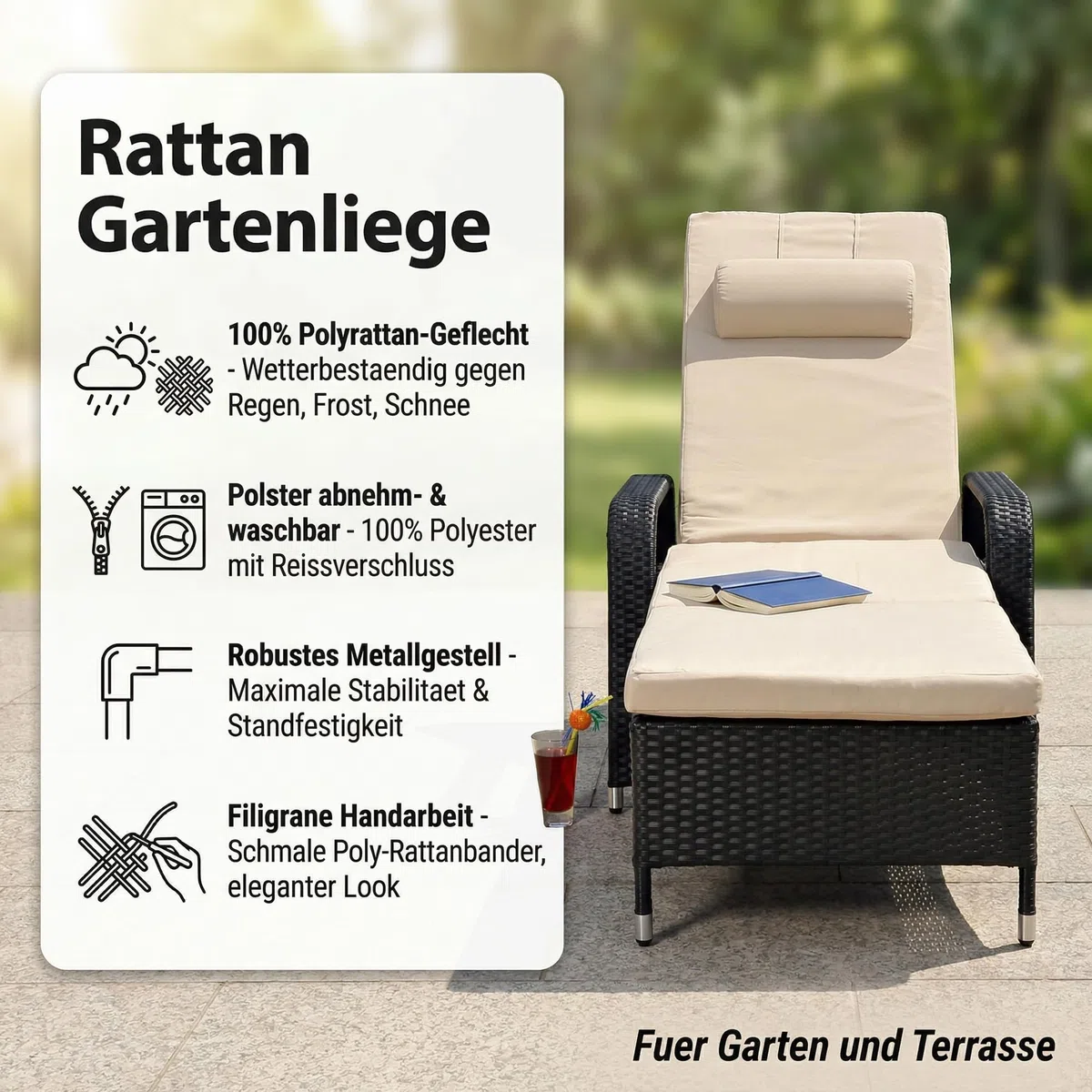 Mucola Sonnenliege mit Rollen Polyrattan – wetterfeste Rattanliege mit Verstellbarer Rückenlehne, Rollliege für Garten, Balkon & Terrasse – pflegeleicht, UV-beständig, mehrfach verstellbar