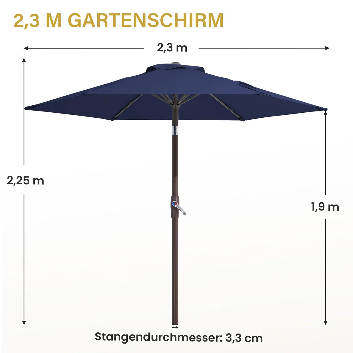 Palawano 2.3m Sonnenschirm, Neigbarer Gartenschirm mit Kurbel & Eisenmast, UV Schutz UPF 50+, Belüftetes Design, Sonnenschirm für Garten, Terrasse, Balkon & Strand, Marineblau