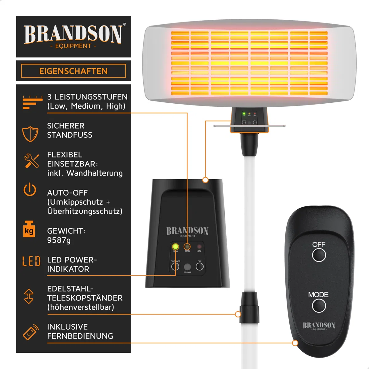 Brandson - Heizstrahler mit Fernbedienung Outdoor Indoor - Elektro Infrarot Terrassenheizstrahler - 3 Leistungsstufen Heizelemente - LED Power Indikator - Wandhalterung - Balkon Garten Terrasse