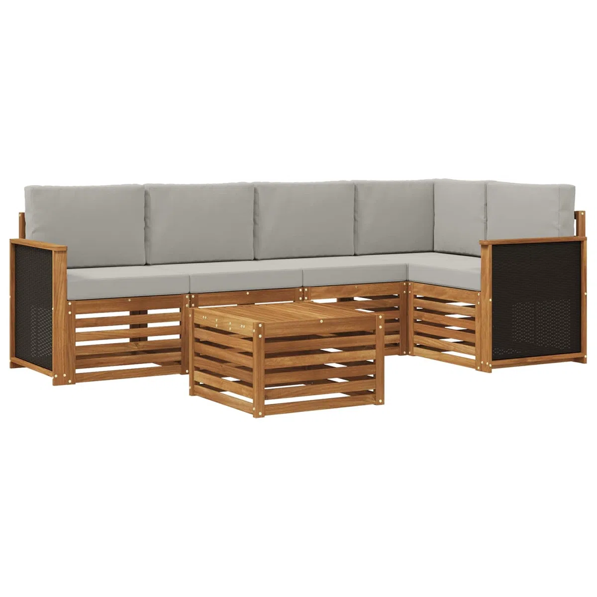 Ecksofa Set mit Kissen 5 pcs aus massivem Akazienholz natürlich hellgrau, modulare Sitzgruppe mit Tisch und Polster, wetterfestes Outdoor Möbelset für Garten Terrasse Wohnzimmer