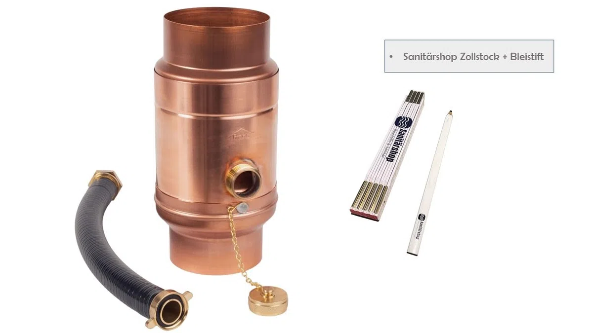 Sanitärshop Baustoffe & Sanitär: Kupfer Regenwassersammler mit Schlauchanschluss 87mm + Zollstock und Bleistift - 85% Wasserertrag für Fallrohr und Regentonne