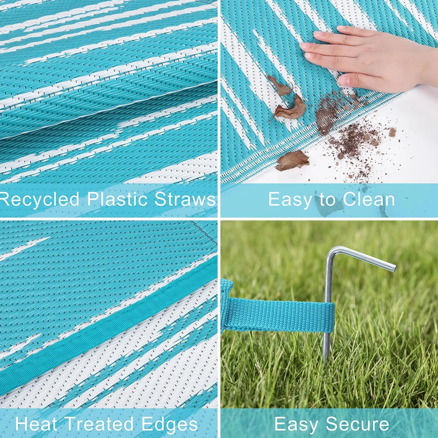 SHACOS Outdoor Teppich Wetterfest Türkis 180x270 cm Außenteppich Balko Teppich Waschbar Picknickdecke Wendbar UV-beständig Kunststoffteppich für Terrasse Camping Garten Pool