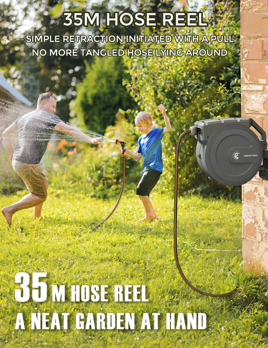 Giraffe Tools Gartenschlauchtrommel-Set mit Wasserhahn-Splitter und Abdeckung, einziehbarer 35 m Schlauch, EUAW-40KIT