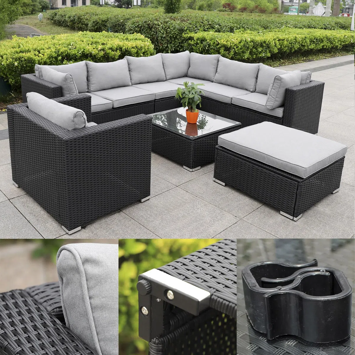 Gartenmöbel Lounge Set| 3-7 Personen viele Modelle| inkl. extra Dicke Kissen | Outdoor Loungemöbel Sitzgruppe Essgruppe Garnitur | klassisch Schwarz (Mallorca)