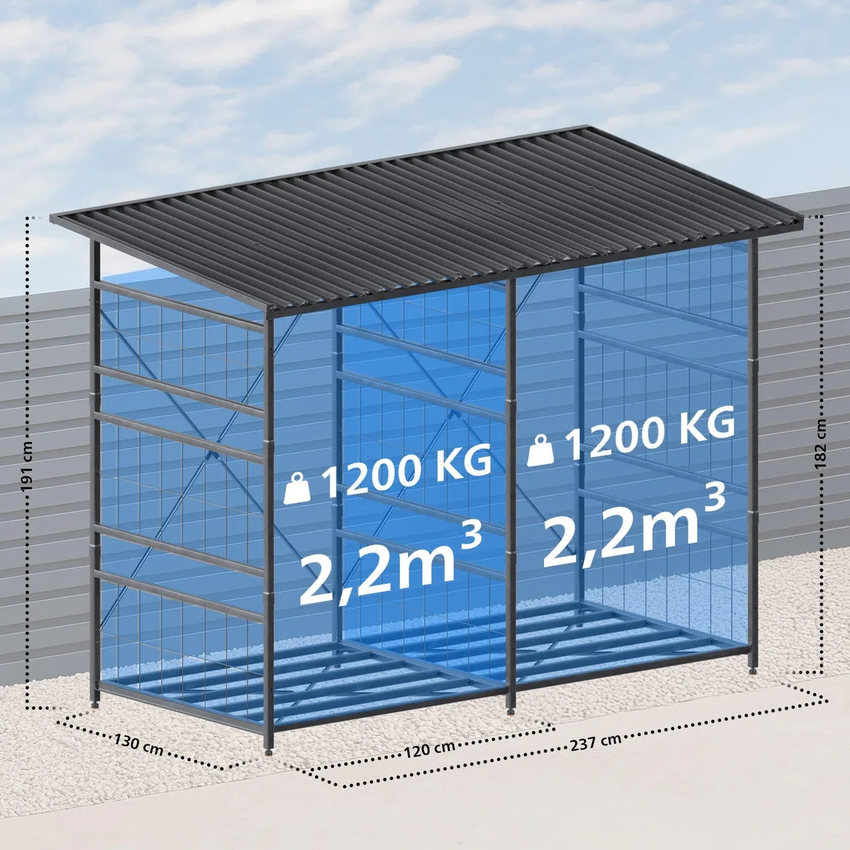 CLP Brennholzregal Macon, wetterfest mit Dach frei wählbarer Neigung, feuerverzinkter Stahl für 2,2m³ oder 4,4m³ Kaminholz, Holzlager, Farbe:Metall, Set-Inhalt:Brennholzregal + Erweiterung