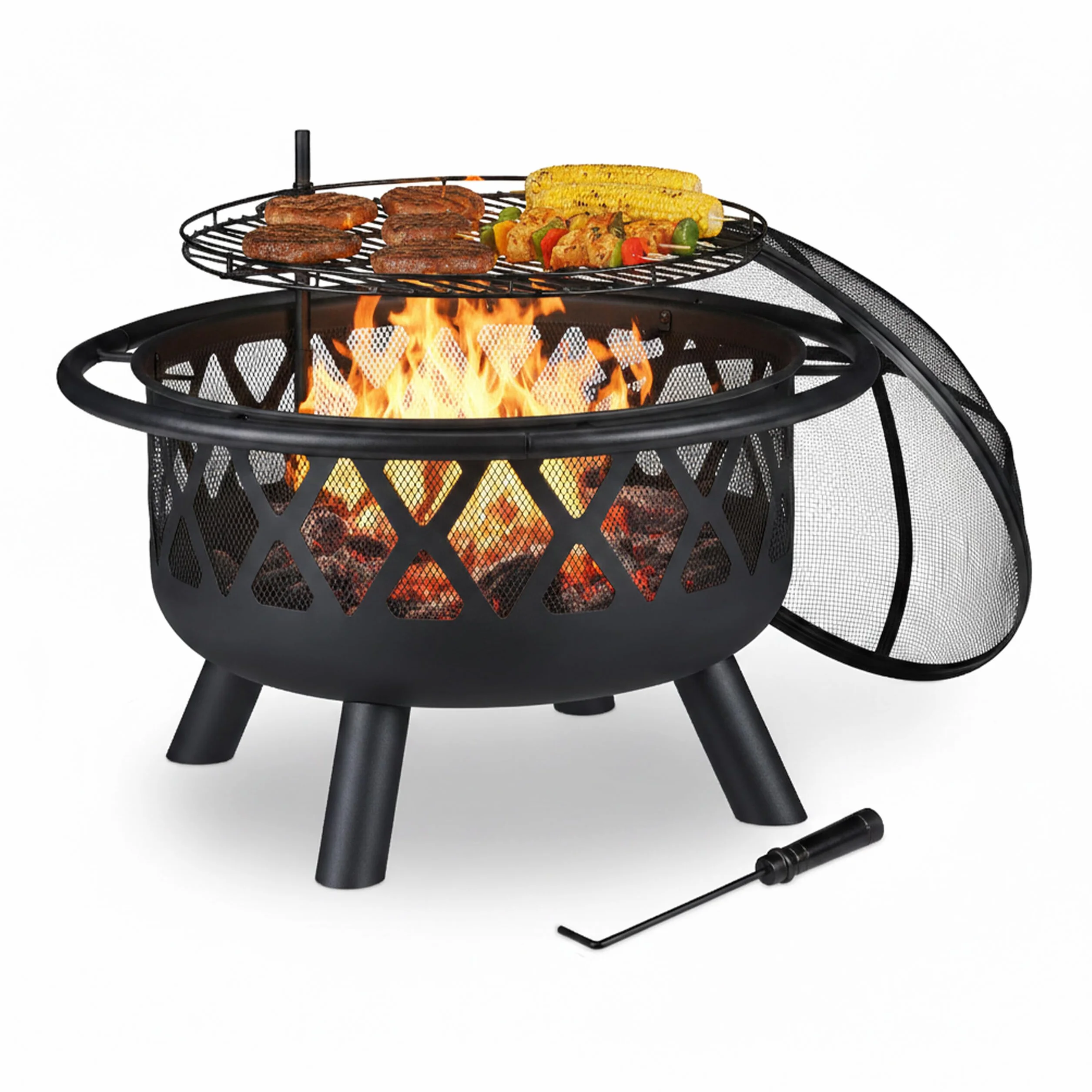 Relaxdays Feuerschale mit Grillrost, Funkenschutz & Schürhaken, Ø 75 cm, Stahl, Feuerstelle Garten & Terrasse, schwarz, 68.5 x 75 x 75 cm
