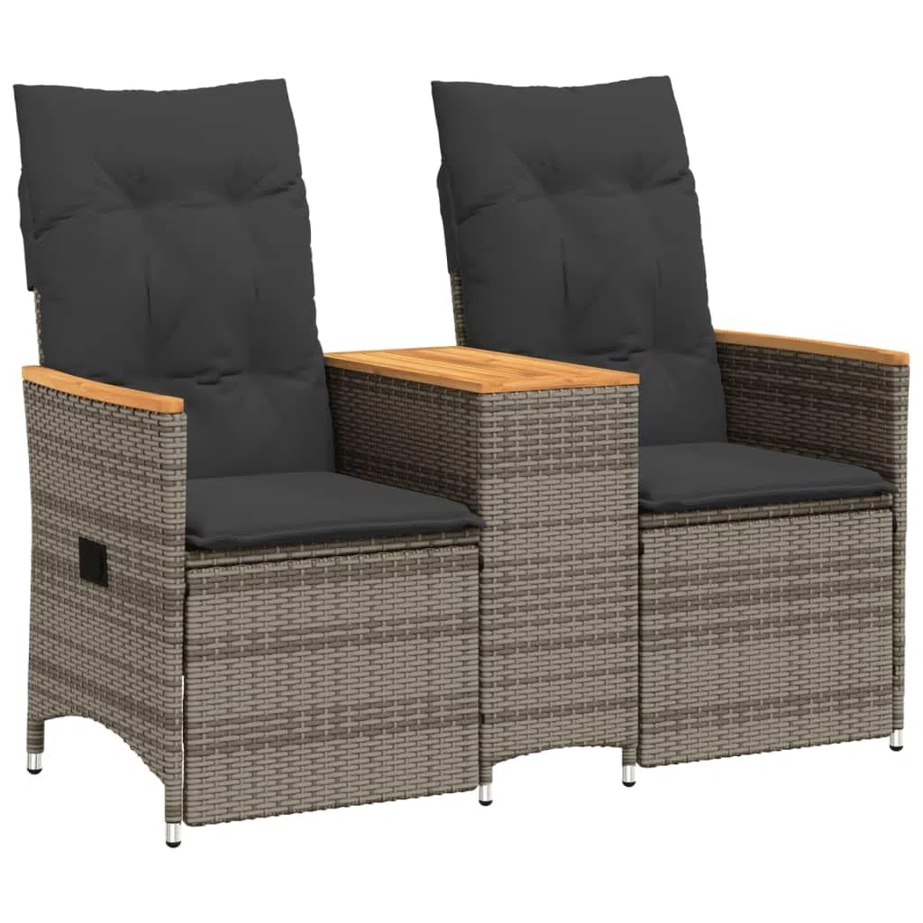 Gartensofa 2-Sitzer Verstellbar mit integriertem Tisch Grau Poly Rattan Gartenbank mit Auflagen Relaxsofa für Terrasse und Balkon Bequeme Sitzgruppe aus PE-Rattan und Akazienholz