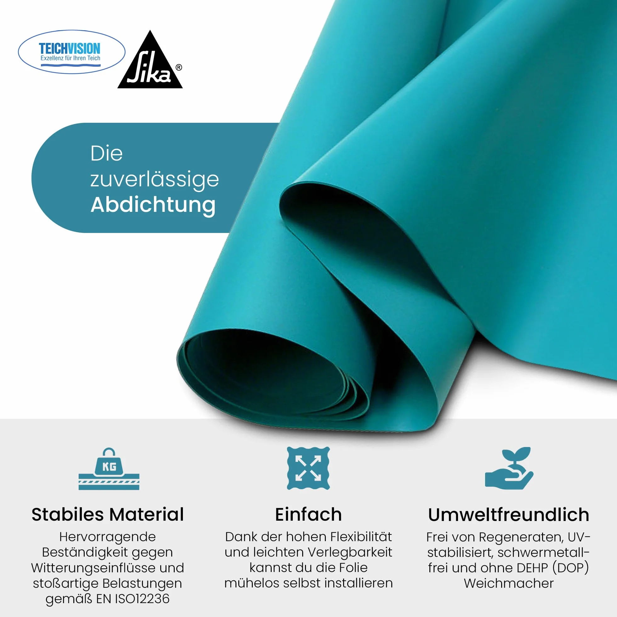 TeichVision - Premium PVC Teichfolie türkisblau - Stärke 1 mm - 2 m x 1,5 m/PVC Folie türkisblau geeignet für Teiche, Biotope, Naturschwimmbäder