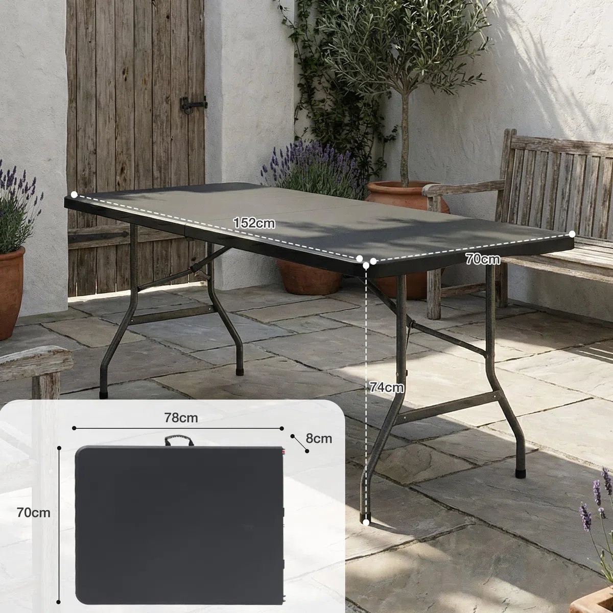 Sekey Gartentisch Klappbar Wetterfest | Klapptisch 152x70 cm Tisch Klappbar Kunststoff 6 Personen | Campingtisch Balkontisch Buffettisch Partytisch mit Tragegriff, Schwarz