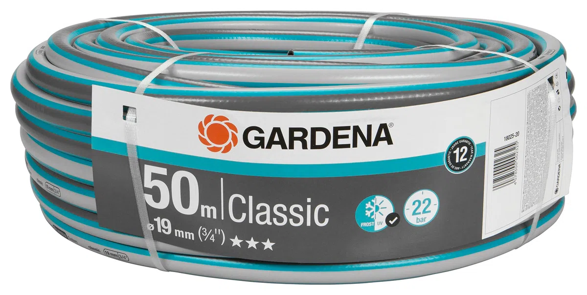 Gardena Classic Schlauch 19 mm (3/4 Zoll), 50 m: Universeller Gartenschlauch aus robustem Kreuzgewebe, 22 bar Berstdruck, UV-beständig, ohne Systemteile, 12 Jahre Garantie (18025-22)