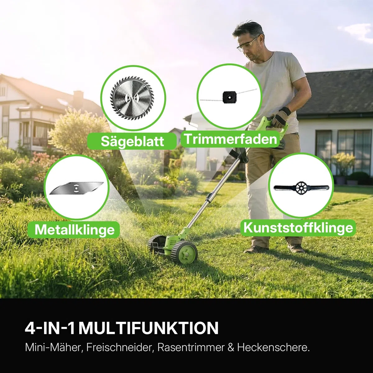 WORKIT 800W Akku Rasentrimmer mit Rädern, 3-in-1 Freischneider Akku & Rasenmäher-Modus, inkl. 2x 2,0 Ah Akkus, rückenschonender Teleskopstiel, akku rasentrimmer für Dickicht, rasentrimmer mit akku Set