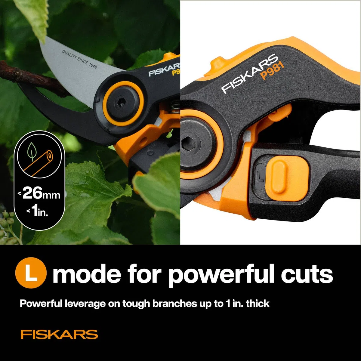Fiskars X-series DualAction Gartenschere Bypass P981, 2-in-1-Modus für dünne und dicke Äste, Ergonomischer Rollgriff, Antihaftbeschichtete Stahlklingen/FiberComp-Griffe, Schwarz/Orange, 1080132