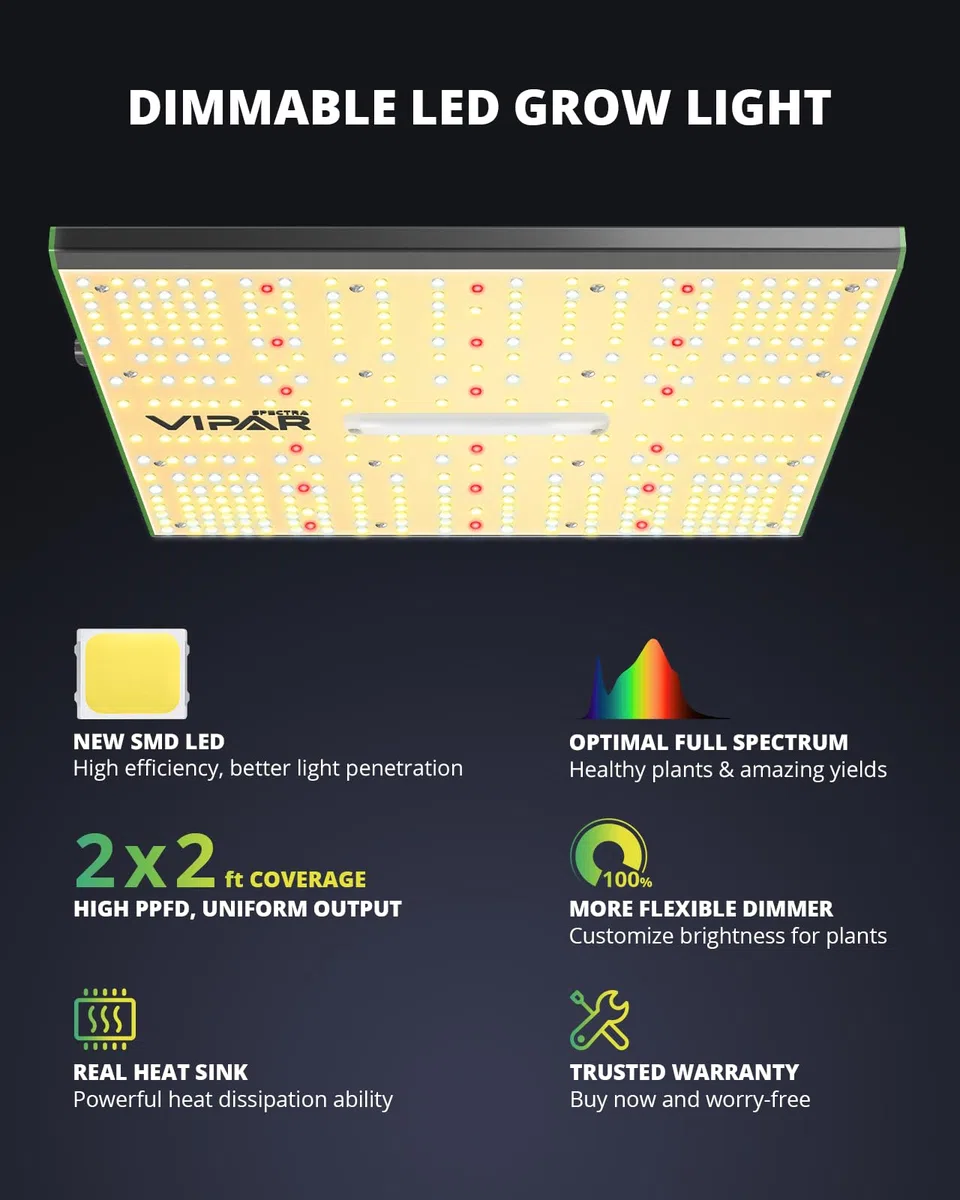 VIPARSPECTRA P600 LED Grow Lampe, 2024 Pflanzenlampe Led Vollspektrum, Pflanzenlampen LED Grow Light, Dimmen 0%-100% für Gewächshaus Zimmerpflanzen Sämling Gemüse Blüte für Growzelt 60x60cm 40x40cm