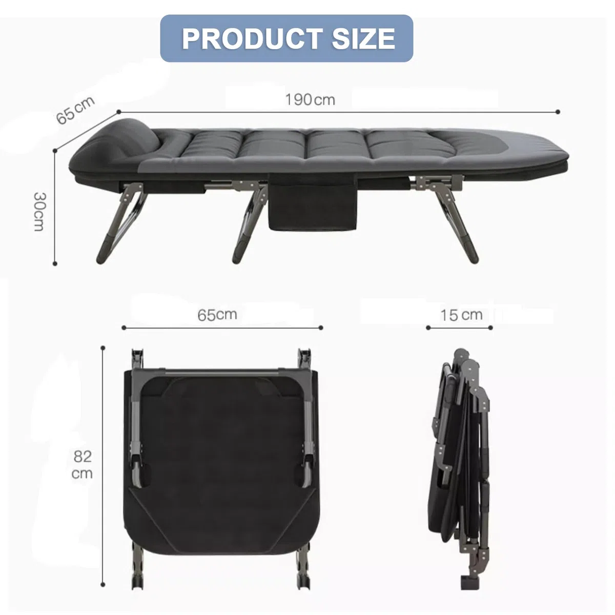 Sonnenliege Klappbar Liegestuhl, 6-Fach Verstellbar Klappbare Gartenliege Campingliege mit Seitentasche, Feldbett Campingbett mit Matratze, Outdoor Liege für Balkon Garten Camping (Schwarz)