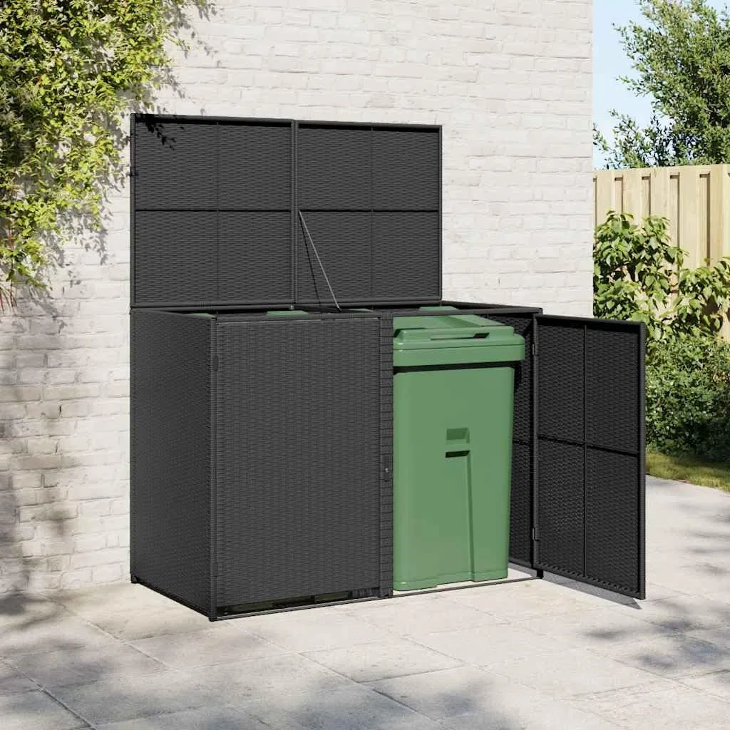 Mülltonnenbox für 2 Tonnen aus Poly Rattan in Schwarz 148x80x111 cm mit Deckel und Zwei Türen, robuste Gartenlagerung aus PE-Rattan, langlebig und verrottungsbeständig