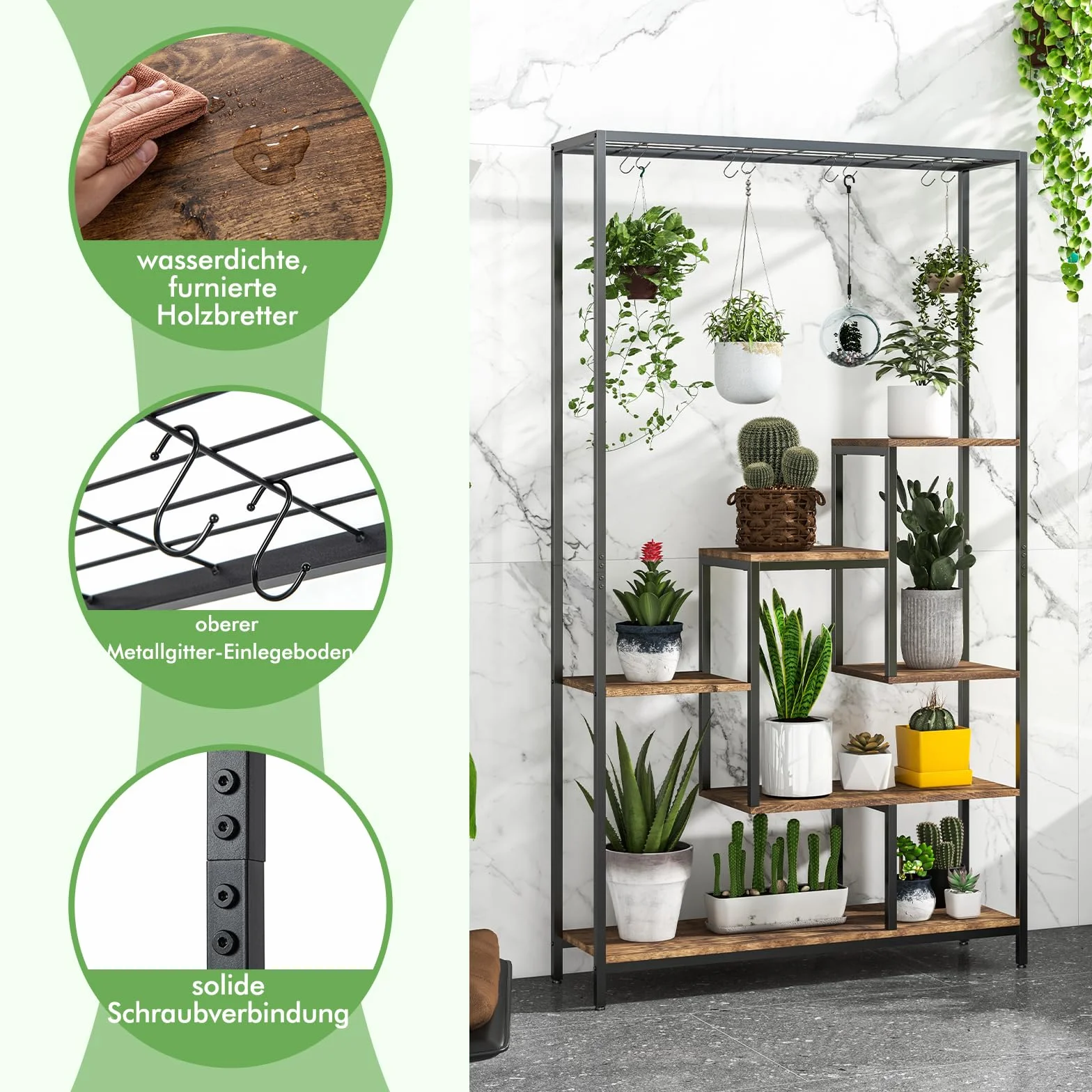 GOPLUS 6 Etagen Pflanzenständer, Pflanzenregal mit Hängeregal & 10 S-Haken, Blumenregal Blumenständer Blumentreppe für Wohnzimmer & Balkon, 100 x 30 x 180 cm (Rustikales Braun)