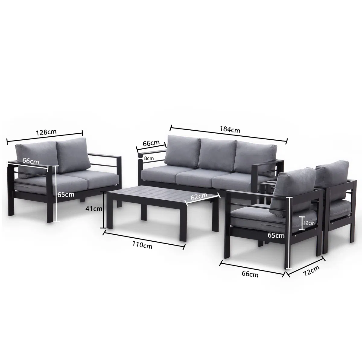 GLP Gartenmöbel Set Aluminium 6-7 Personen, Terassenmöbel Wetterfest mit Sofa, Tisch, Hocker & Kissen, Gartenlounge Set für Innen- und Außenbereich (Schwarz & Dunkelgrau)