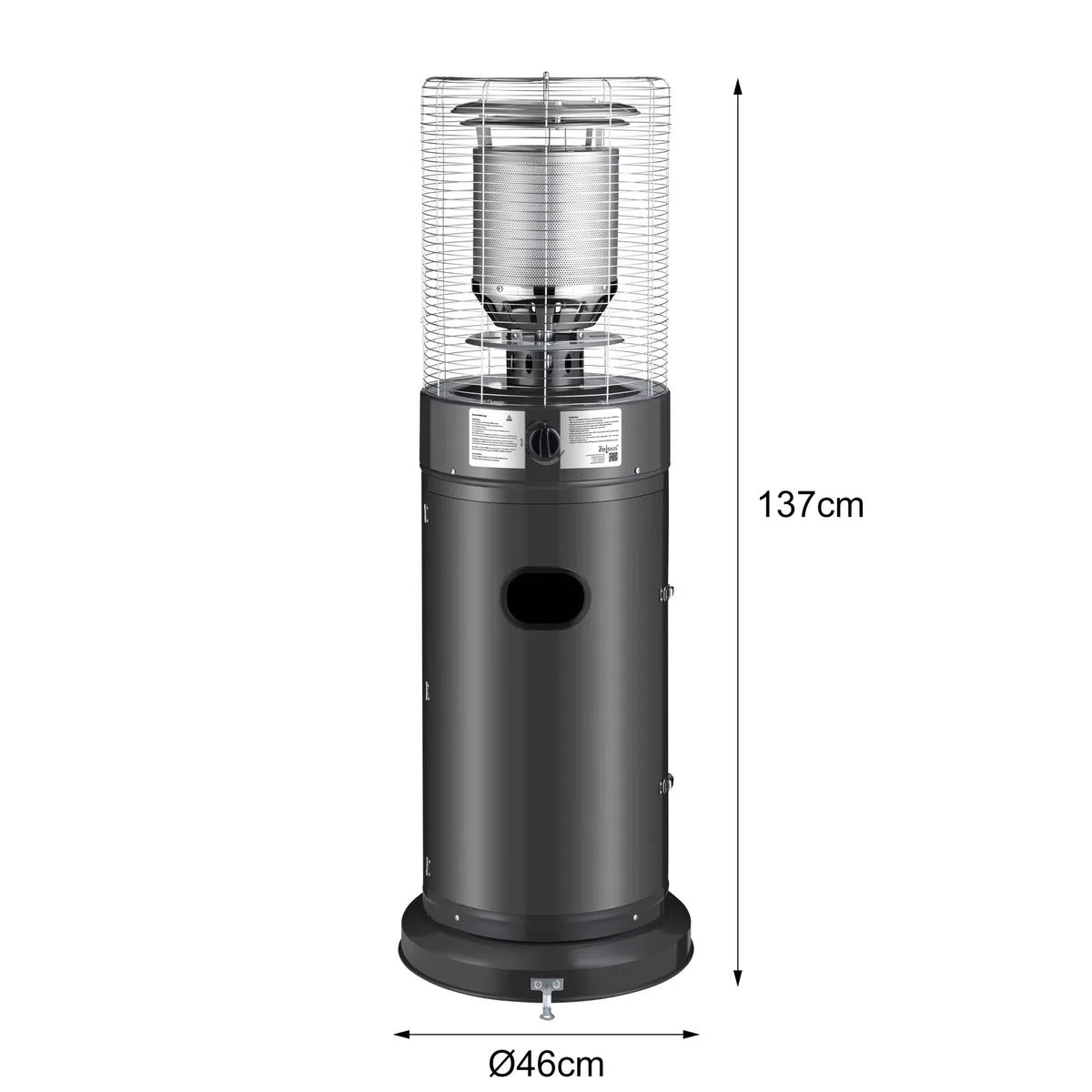 Zelsius Gas Heizstrahler "Zermatt" | 11 kW | Ø 46 cm x 137 cm | Dunkelgrau | Terrassenheizstrahler außen, Terrassenheizung, Outdoor Heizpilz, Gasheizpilz für Terrasse Balkon und Garten